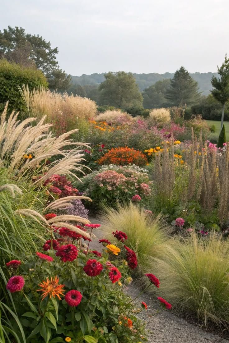 Tall grasses and late-summer flowers along a narrow path, with a tree line beyond.