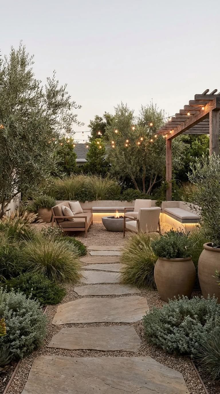 Gravel court edged with native grasses and a low stone seat.