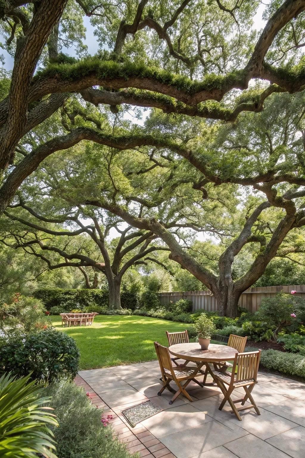 Live oak limbs spreading over a stone terrace and a mown clearing.