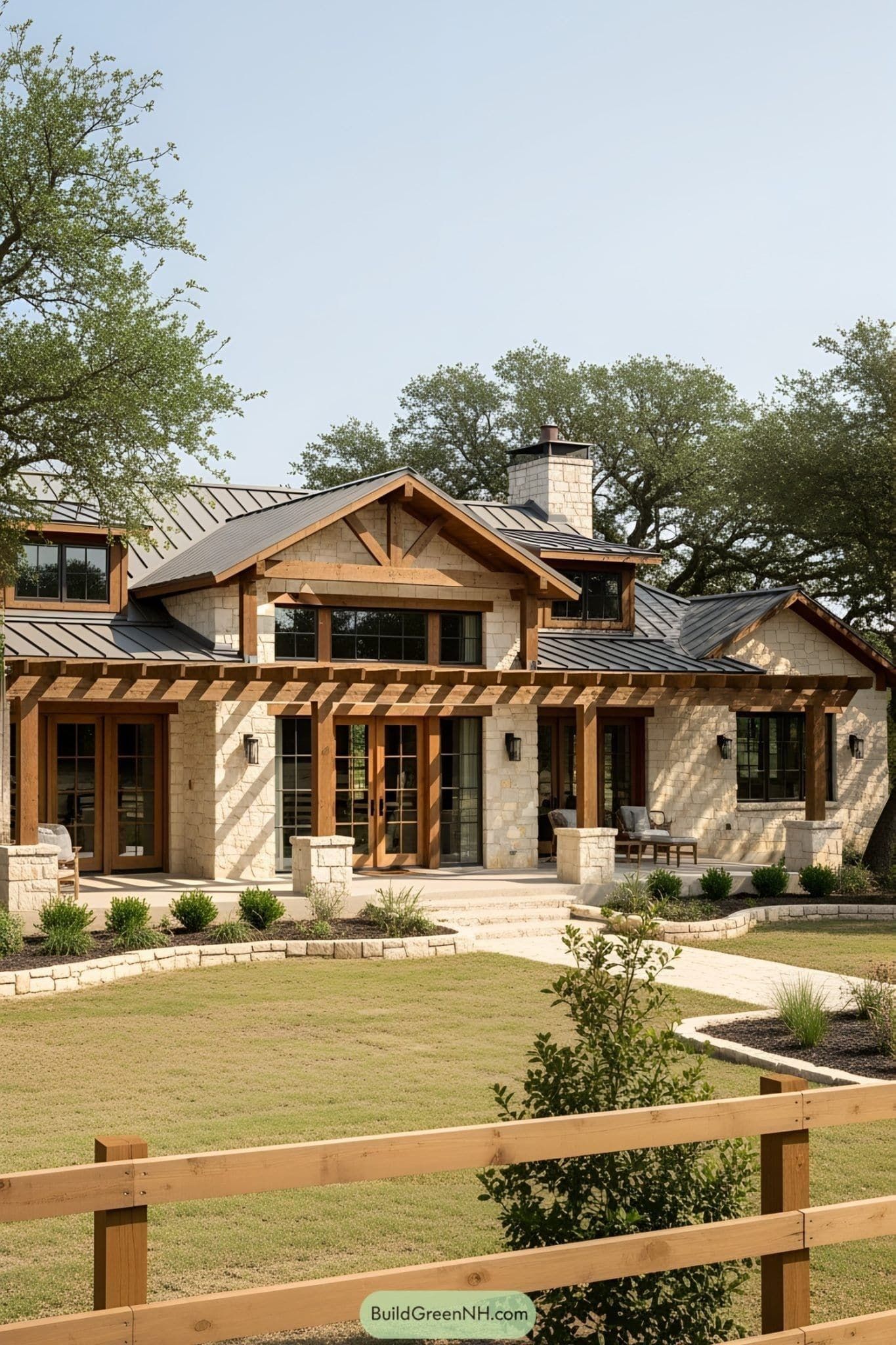 Limestone house and metal roof under oaks, seen across a dry yard from the fence.