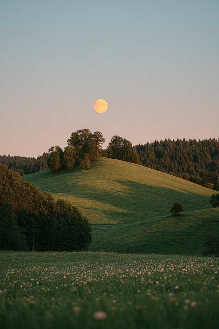 An open grassy hill with a small stand of trees and a pale moon.