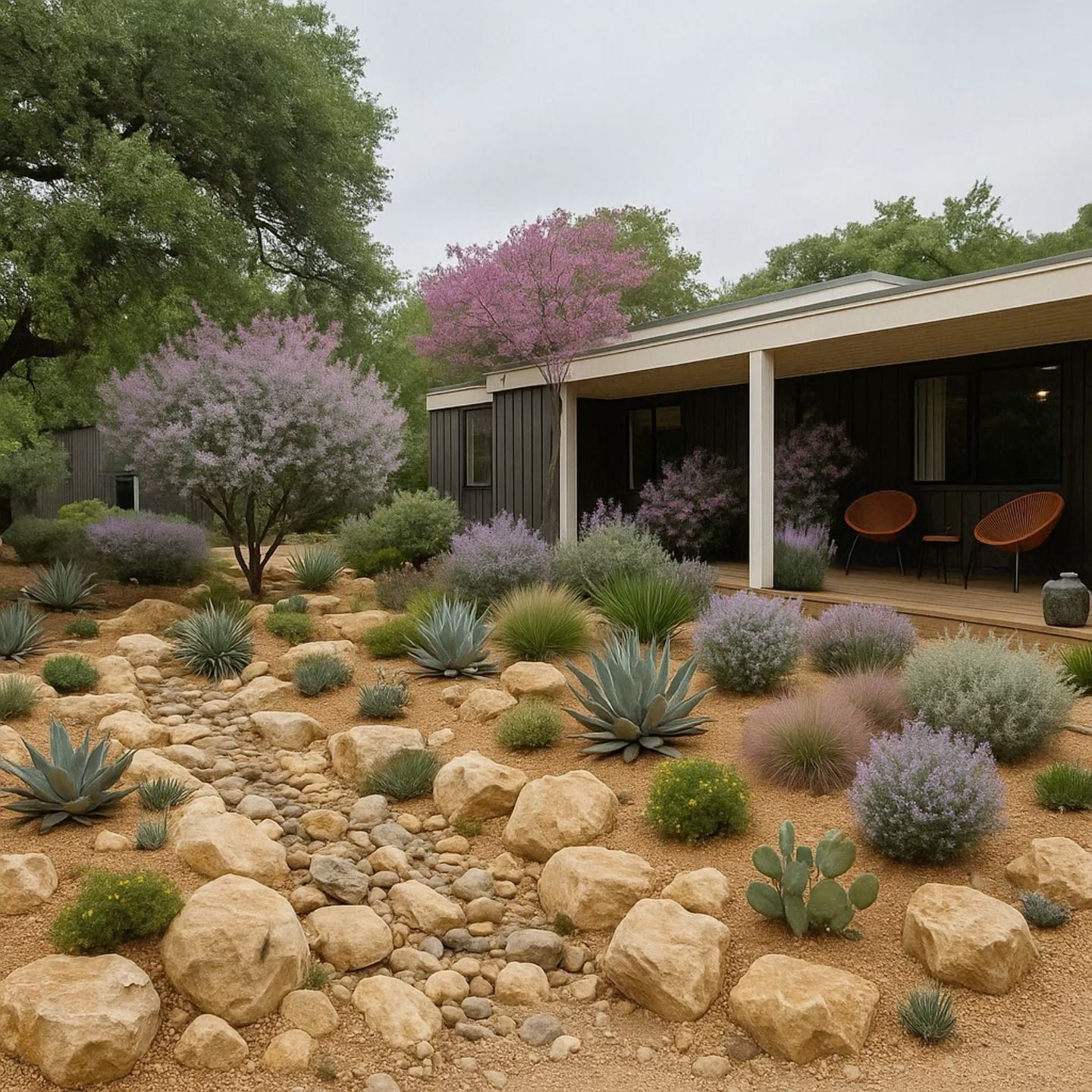A low house beside a caliche court of limestone, agaves, and oaks.