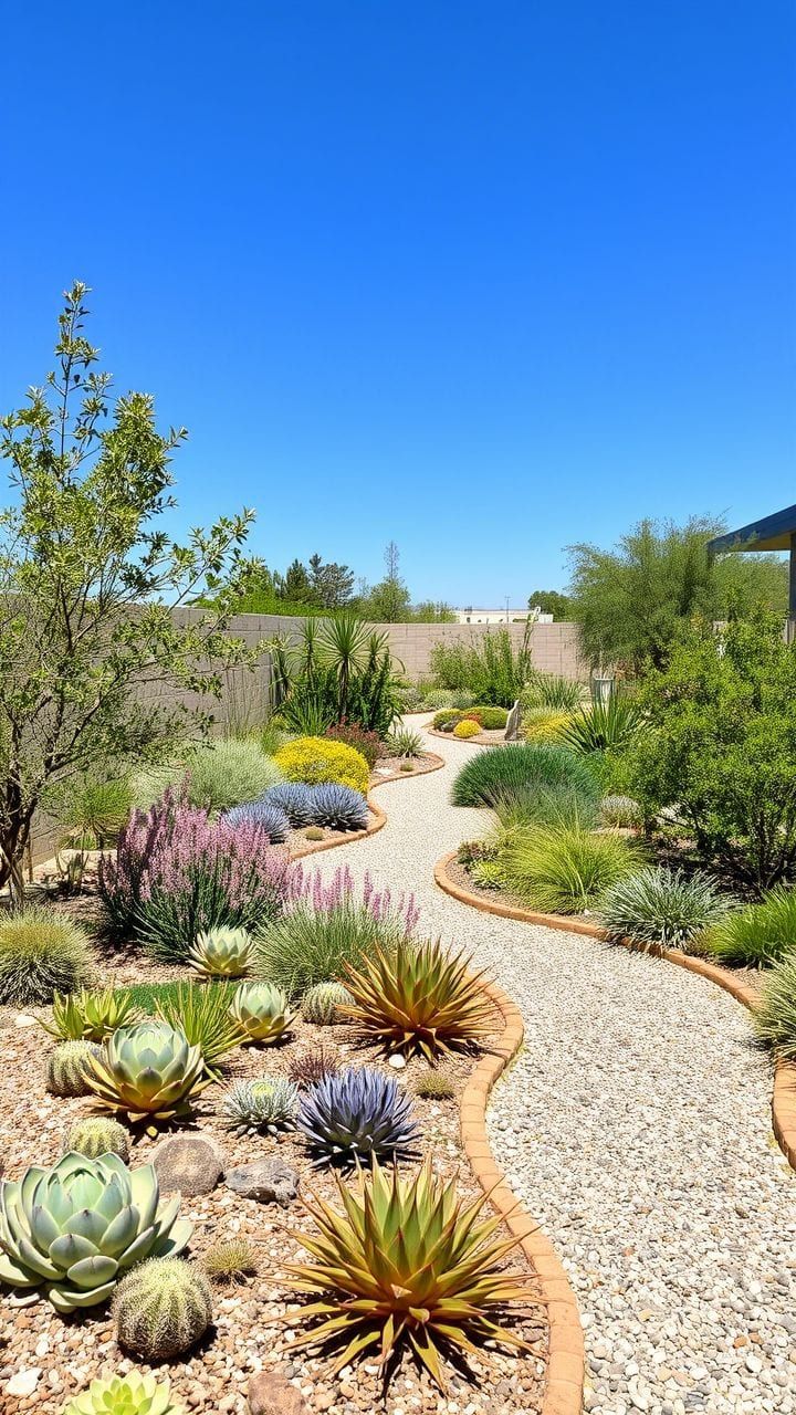 A new gravel bed with young agaves and grasses, still open to the soil.