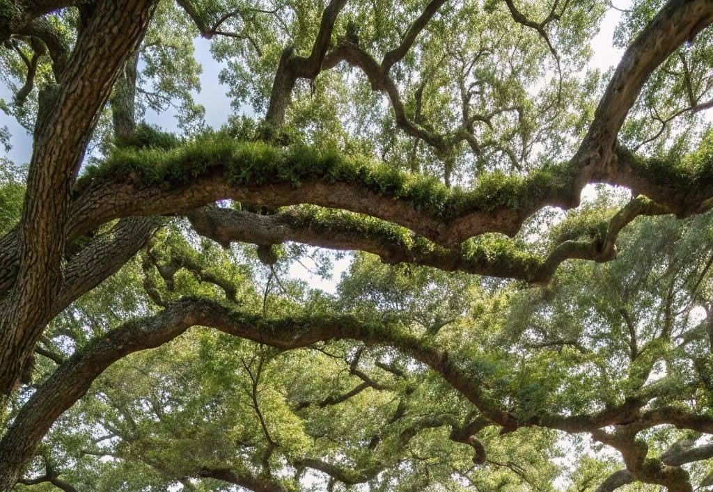 Live oak limbs, moss along the bark, closing over a bright sky.